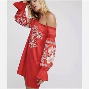 Free People Red Fleur du Jour Embroidered Dress